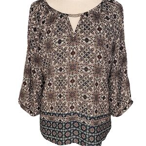 Boho Peasant Top Multi Hue Paisley Print Gold Keyhole Detail Open Sleeve Sz L
